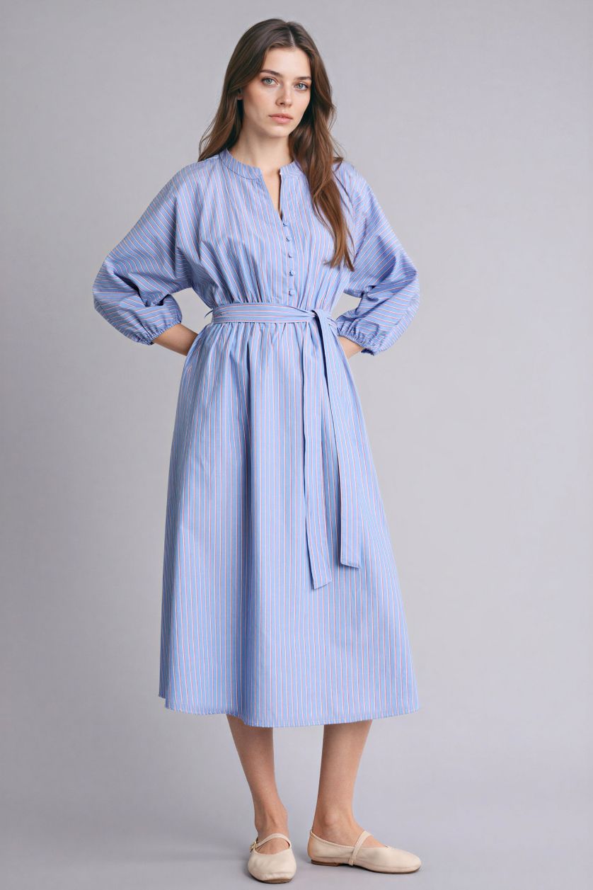 Woman Light Blue Flap Collar Poplin Dress