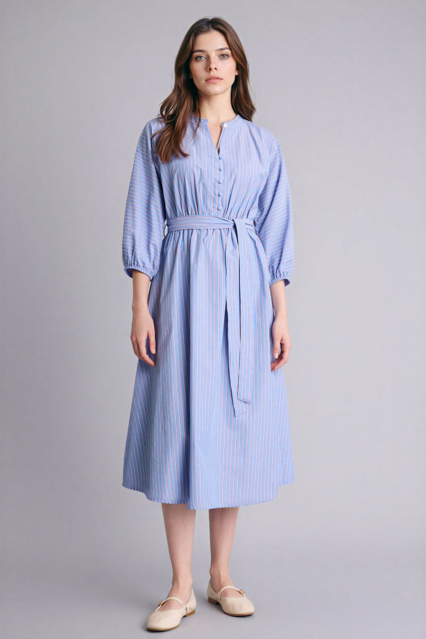 Woman Light Blue Flap Collar Poplin Dress