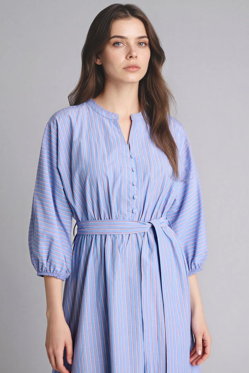 Woman Light Blue Flap Collar Poplin Dress