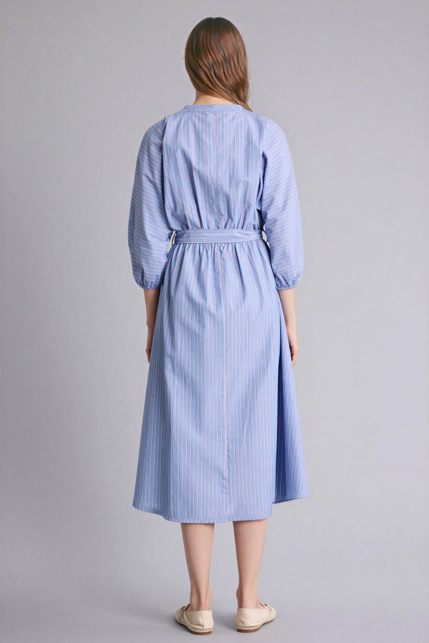 Woman Light Blue Flap Collar Poplin Dress