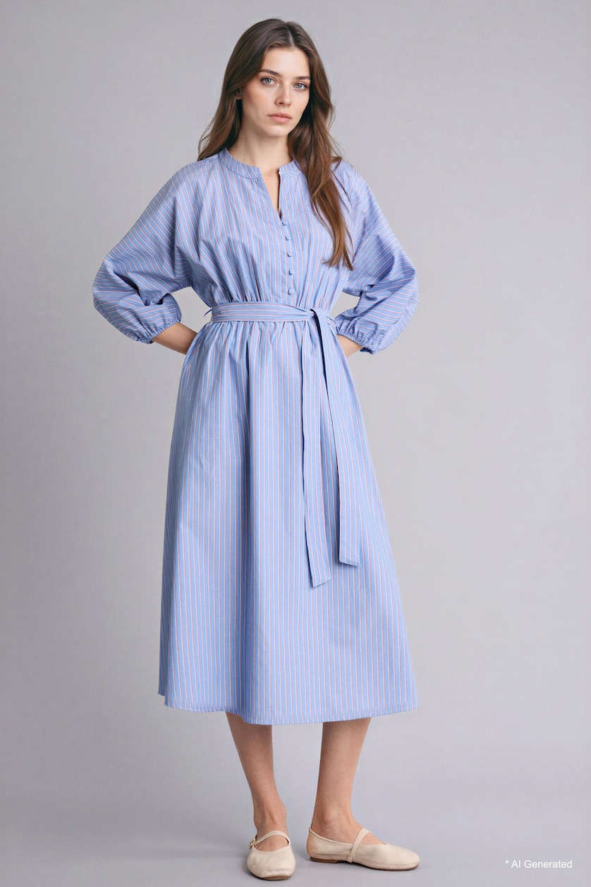 WOMAN Light Blue 100% Cotton Poplin Striped Midi Dress