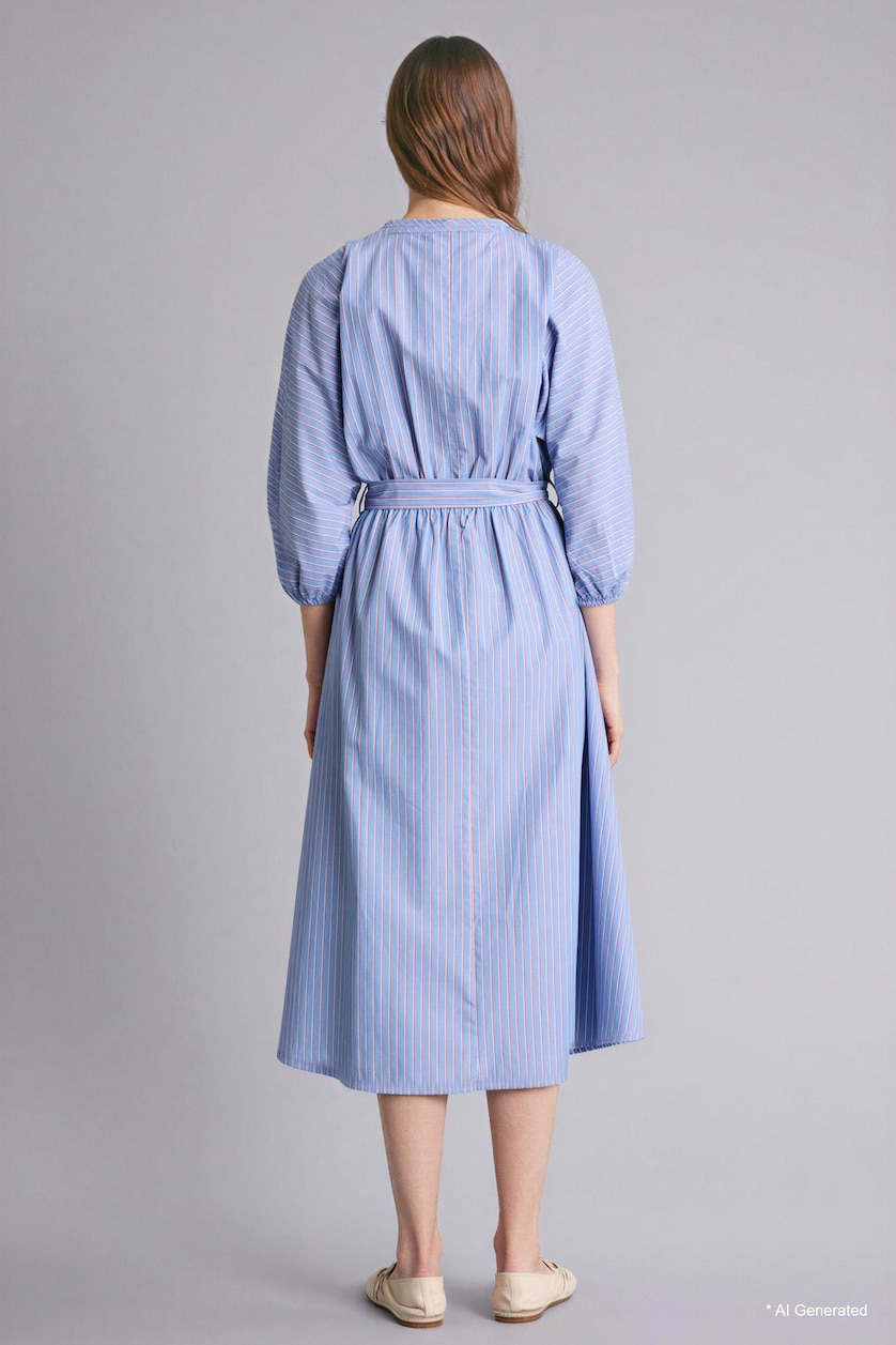 WOMAN Light Blue 100% Cotton Poplin Striped Midi Dress
