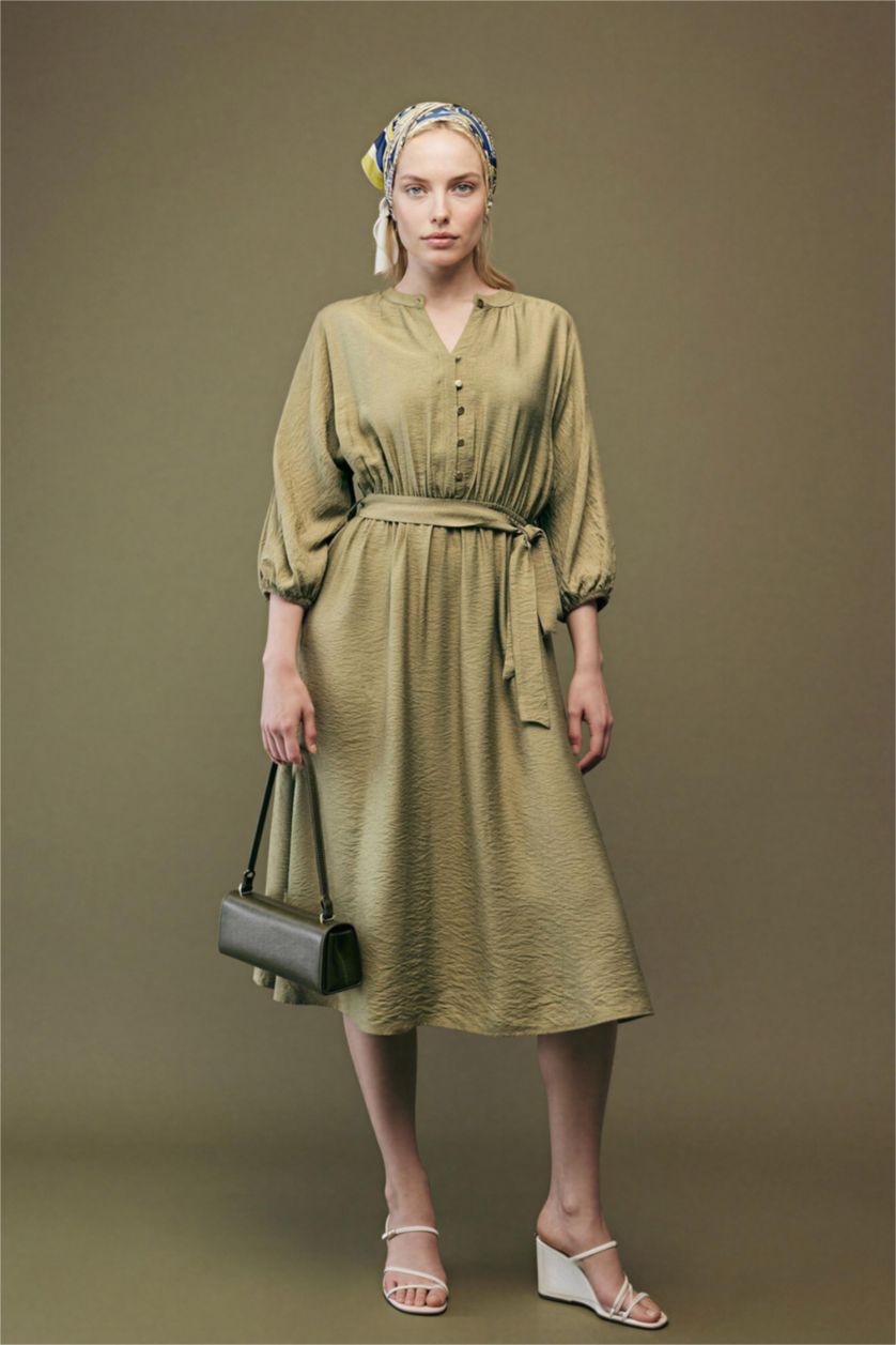 Kadın Zeytin Yeşili Kaçık Yaka Yarım Kol Elbise