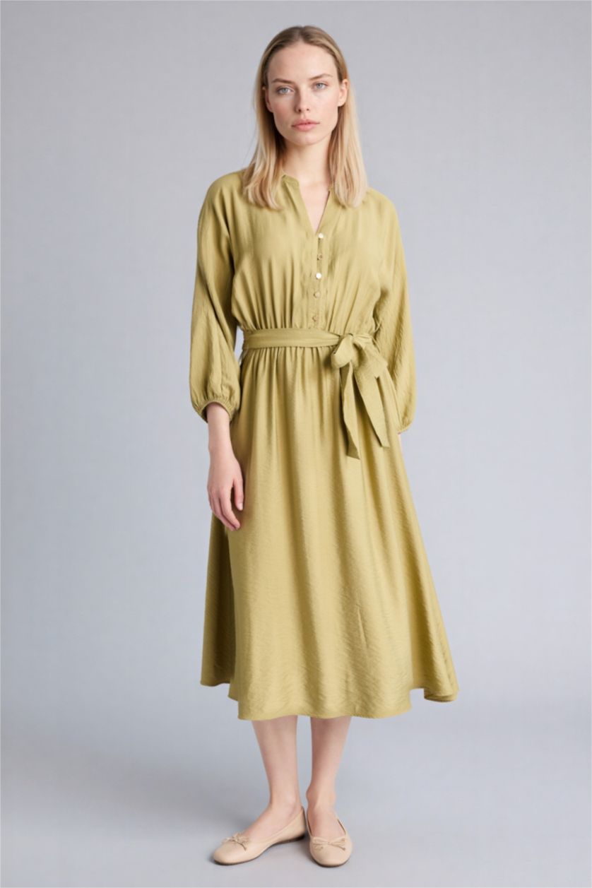 Kadın Zeytin Yeşili Kaçık Yaka Yarım Kol Elbise