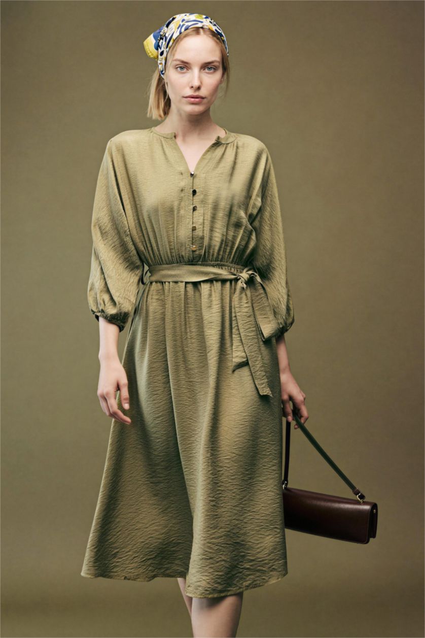 Kadın Zeytin Yeşili Kaçık Yaka Yarım Kol Elbise