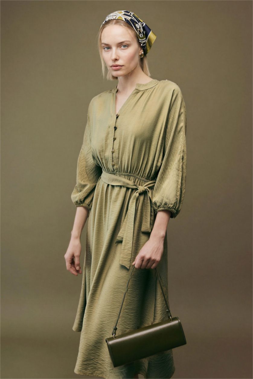 Kadın Zeytin Yeşili Kaçık Yaka Yarım Kol Elbise