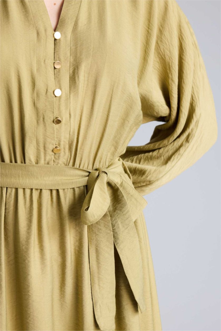 Kadın Zeytin Yeşili Kaçık Yaka Yarım Kol Elbise