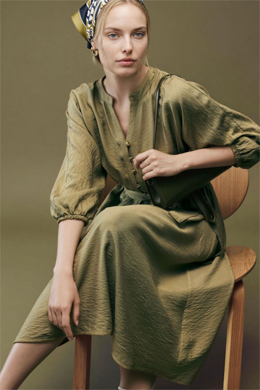 Kadın Zeytin Yeşili Kaçık Yaka Yarım Kol Elbise