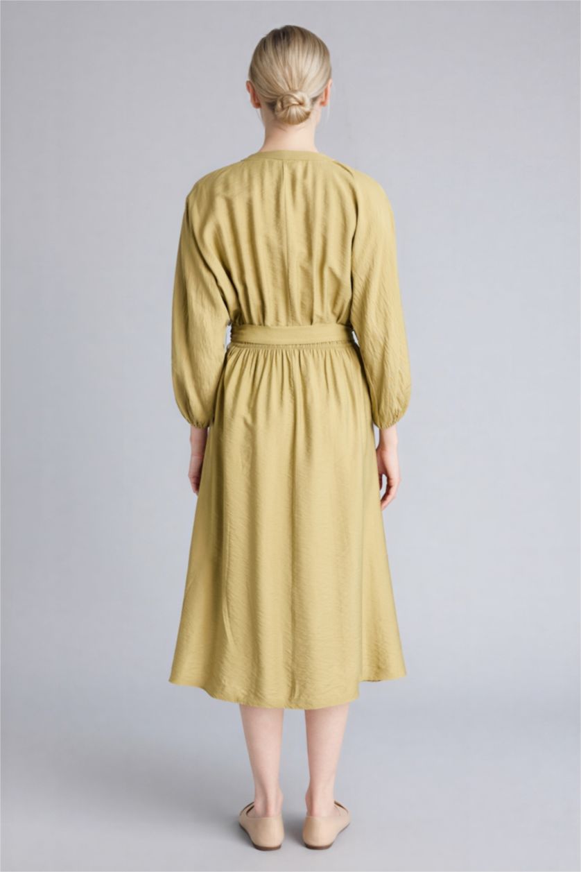 Kadın Zeytin Yeşili Kaçık Yaka Yarım Kol Elbise