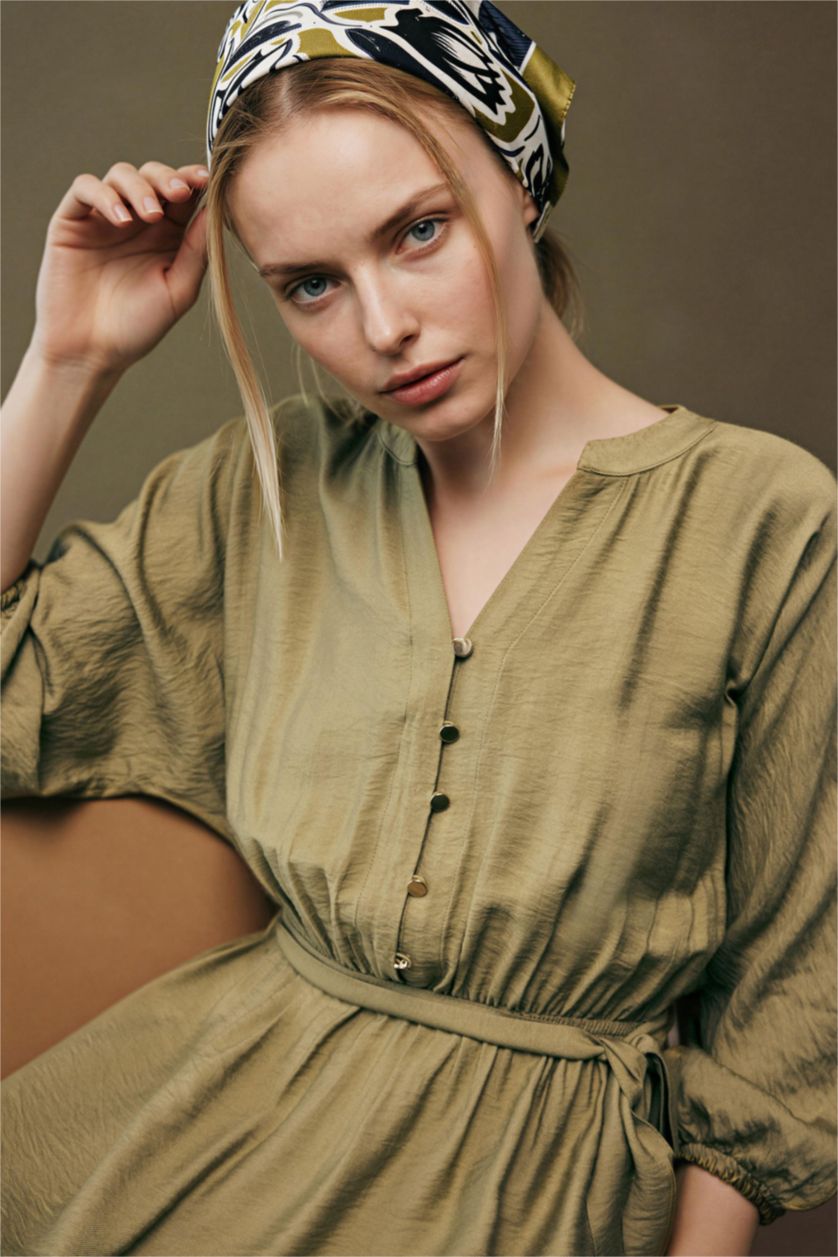 Kadın Zeytin Yeşili Kaçık Yaka Yarım Kol Elbise