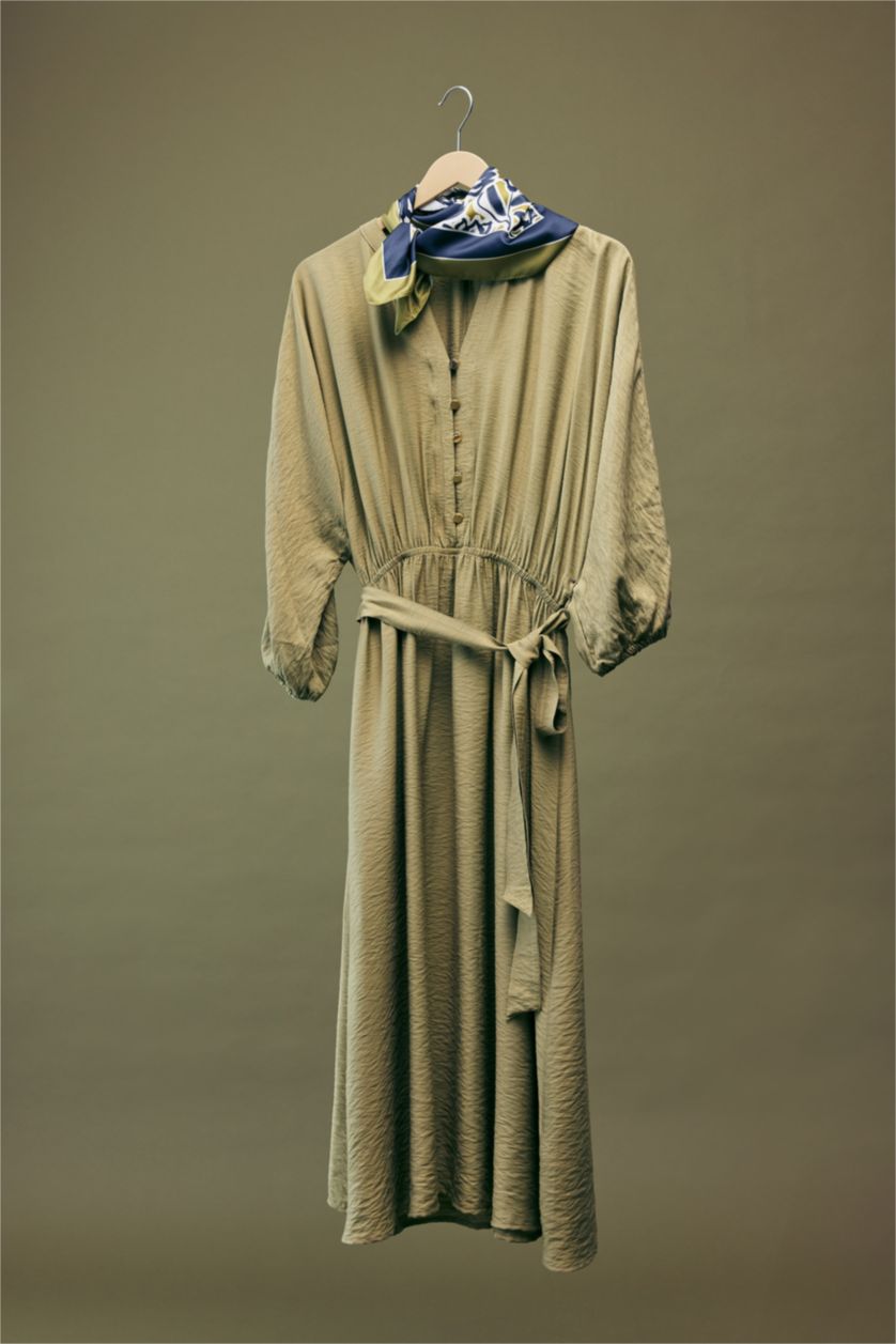 Kadın Zeytin Yeşili Kaçık Yaka Yarım Kol Elbise