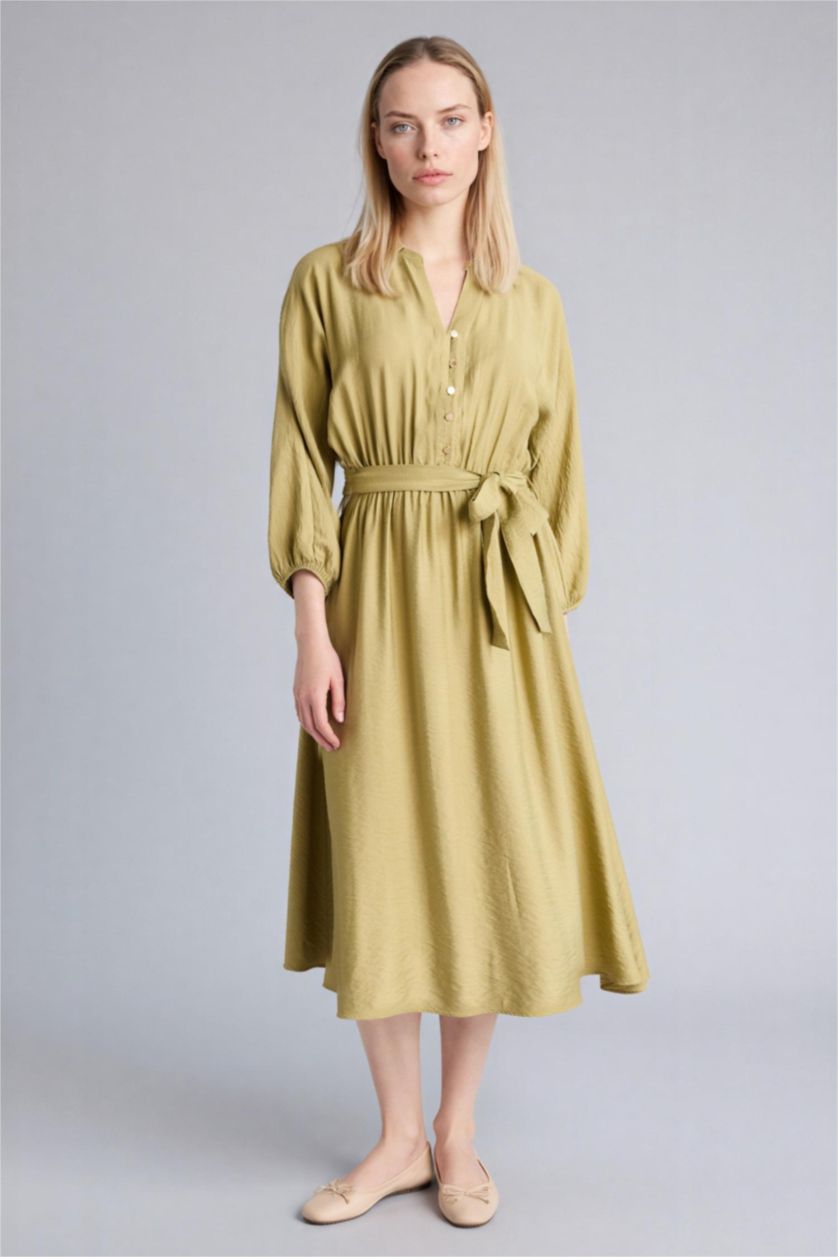 Kadın Zeytin Yeşili Kaçık Yaka Yarım Kol Elbise
