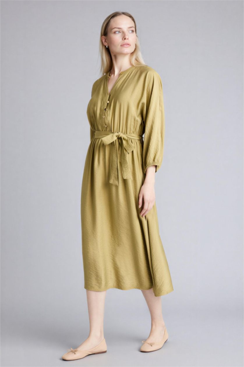 Kadın Zeytin Yeşili Kaçık Yaka Yarım Kol Elbise