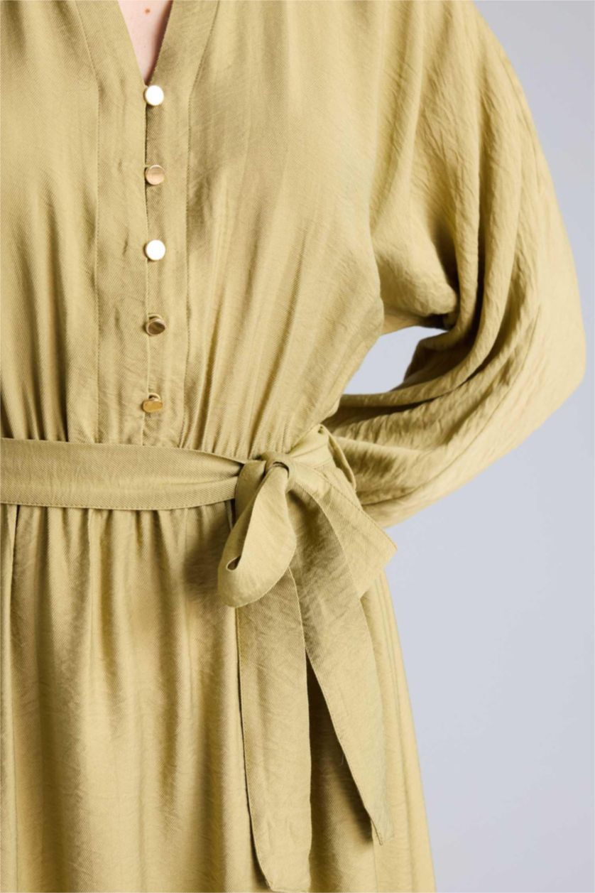 Kadın Zeytin Yeşili Kaçık Yaka Yarım Kol Elbise