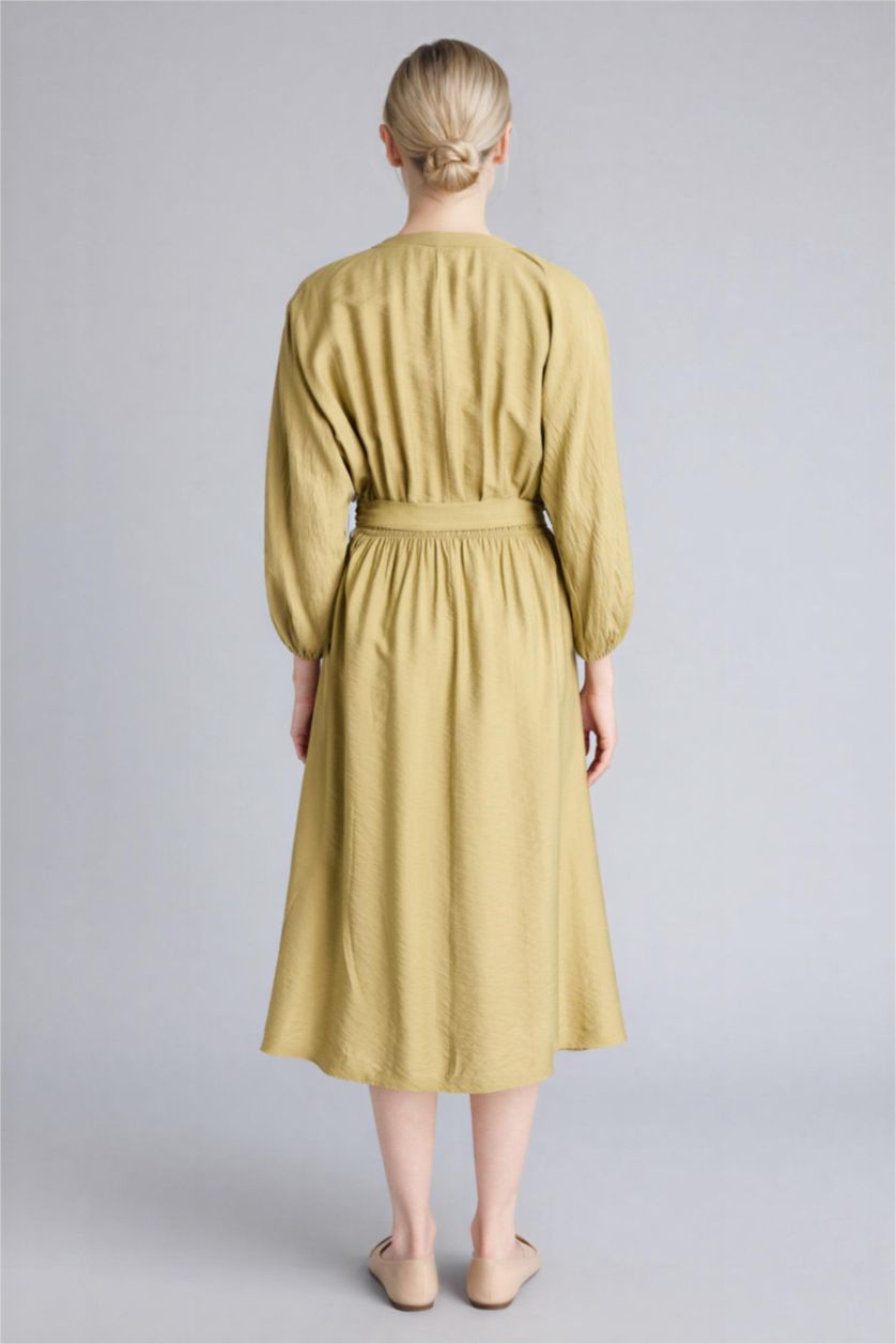 Kadın Zeytin Yeşili Kaçık Yaka Yarım Kol Elbise