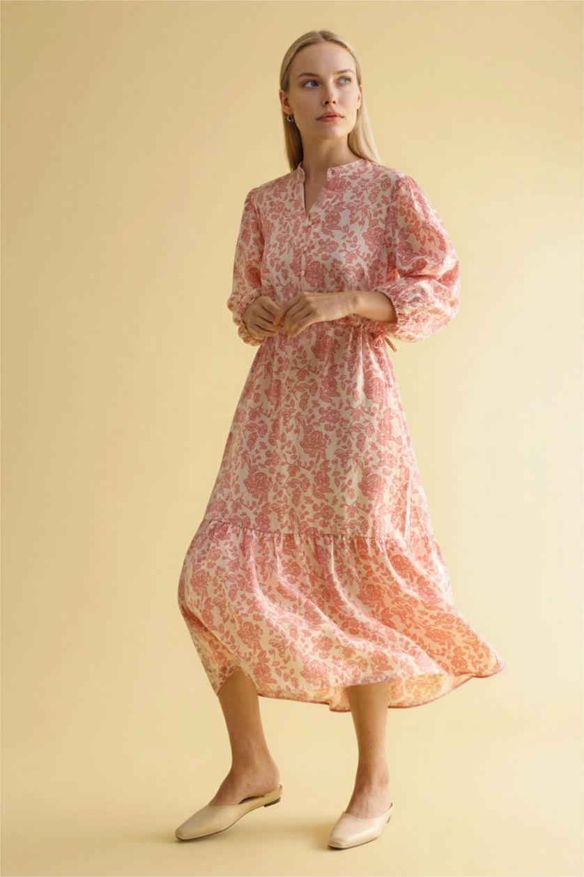 Kadın Gülkurusu A Kesim Kaçık Yaka Baskılı Yarım Kol Elbise