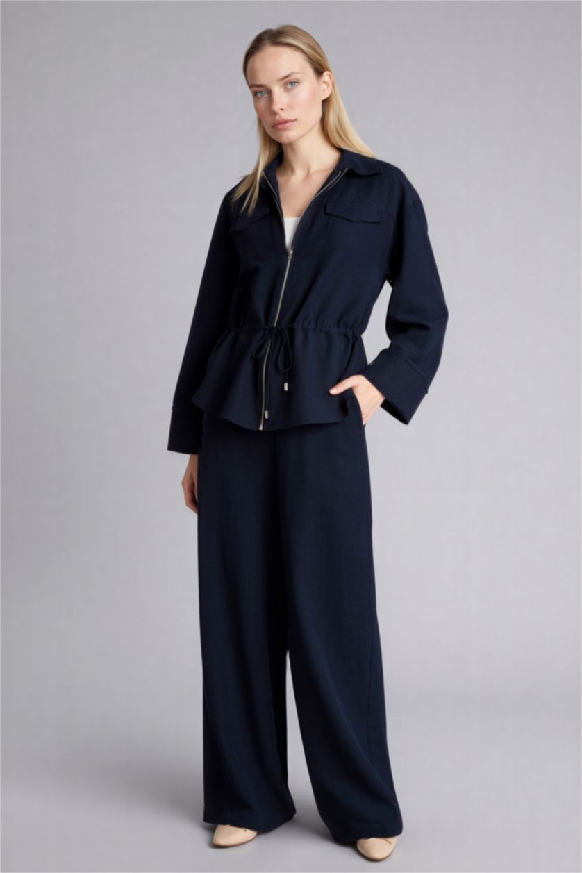 Kadın Lacivert Straıght Fıt Geniş Paça Keten Karışımlı Pantolon