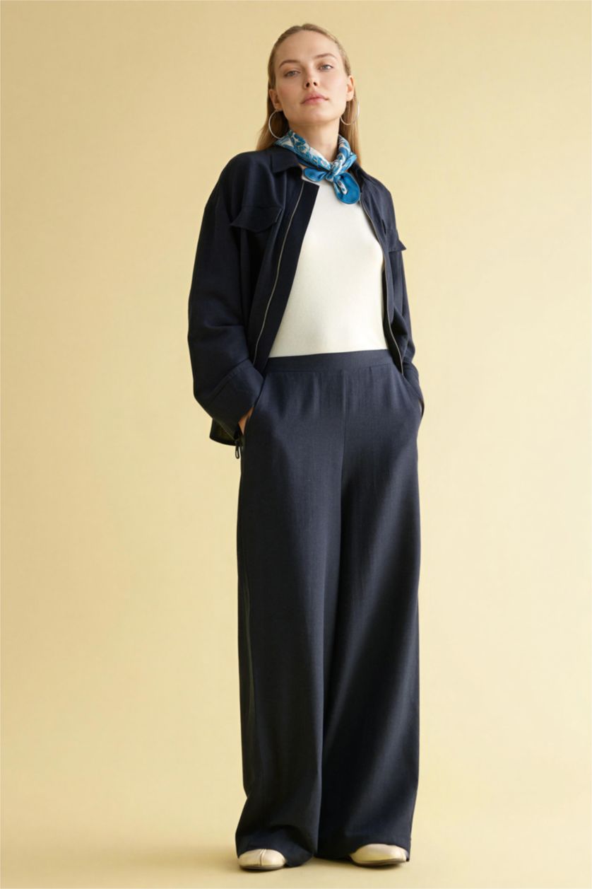 Kadın Lacivert Straıght Fıt Geniş Paça Keten Karışımlı Pantolon