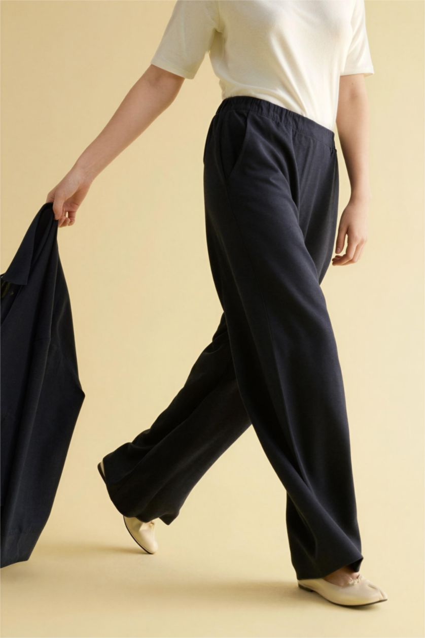 Kadın Lacivert Straıght Fıt Geniş Paça Keten Karışımlı Pantolon