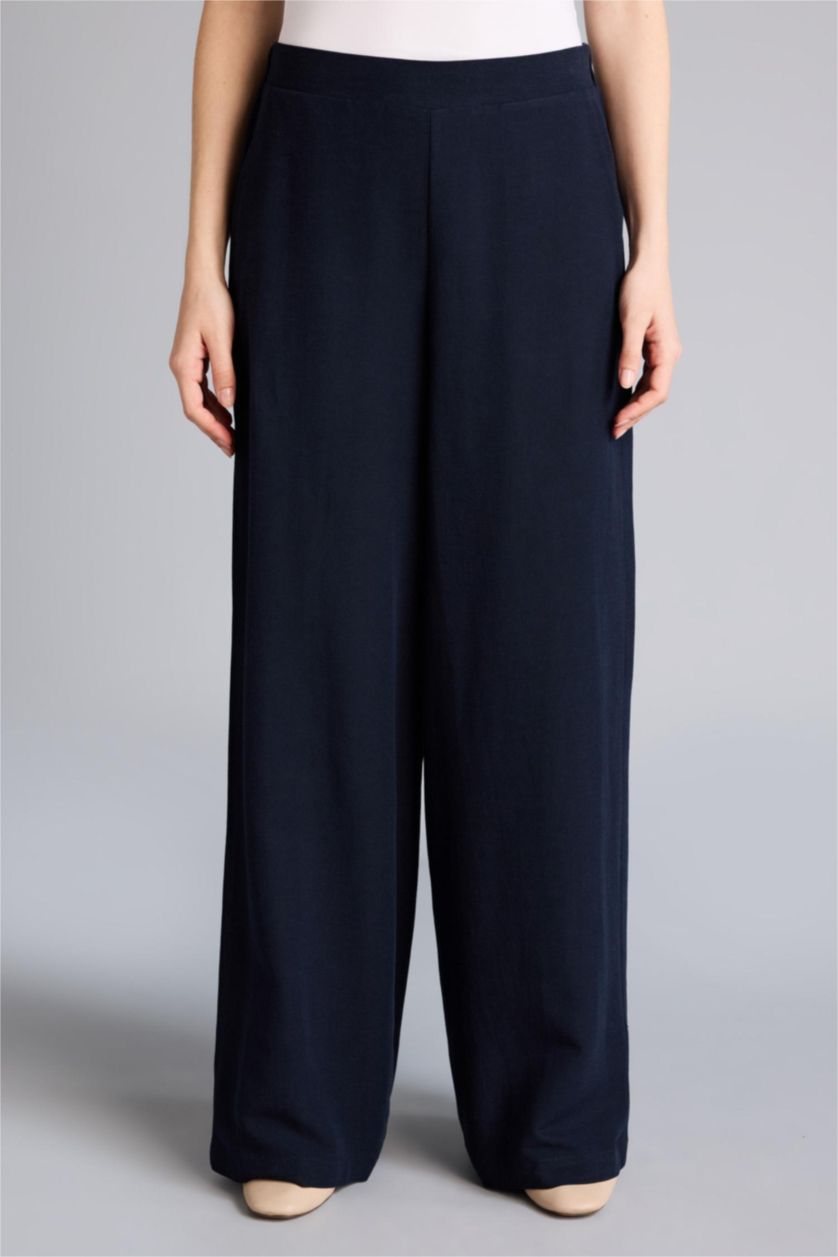 Kadın Lacivert Straıght Fıt Geniş Paça Keten Karışımlı Pantolon
