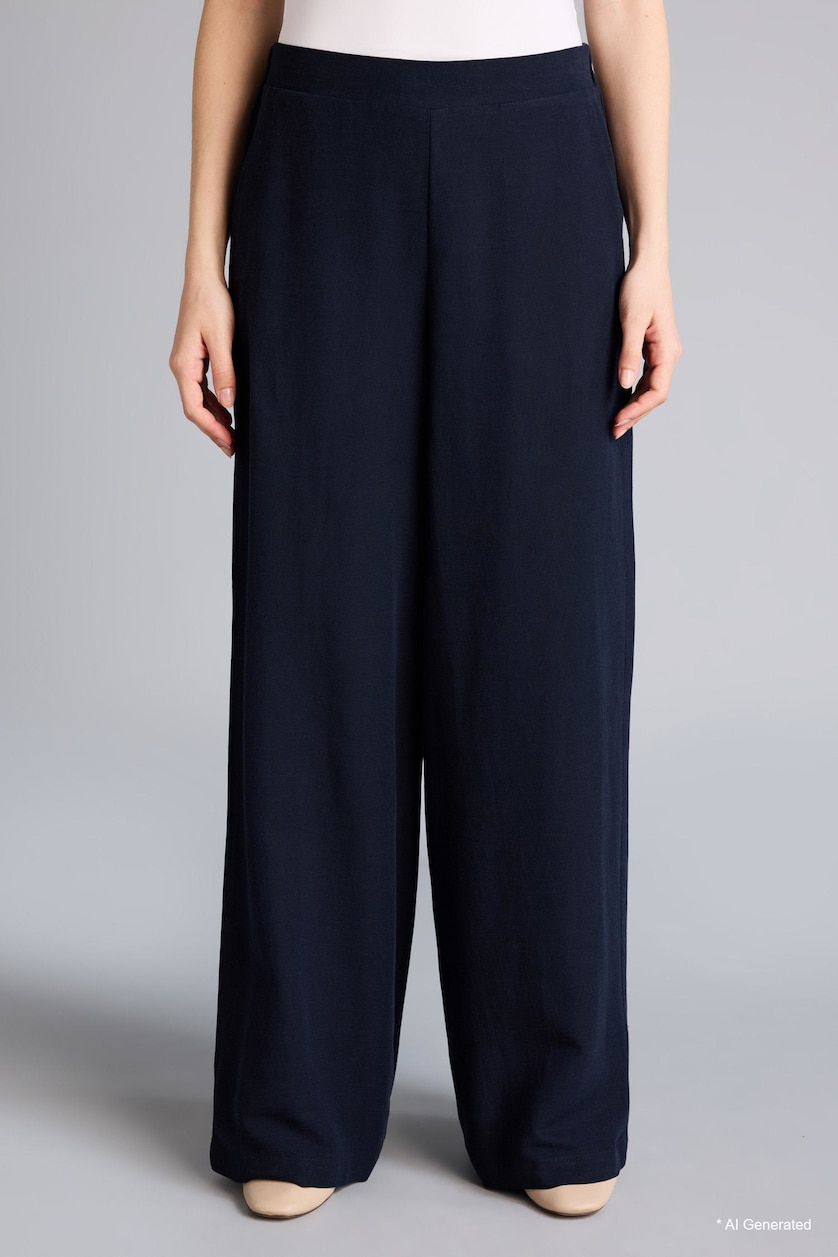Women NAVY Straight Fit Linen Blended Wide Leg Trousers