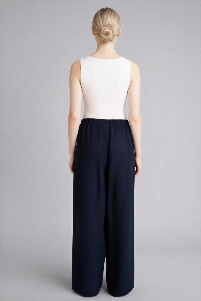 Kadın Lacivert Straıght Fıt Geniş Paça Keten Karışımlı Pantolon