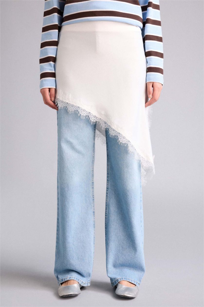 حريمي أزرق فاتح بنطلون جينز وايد ليج برجل واسع وخصر عالي