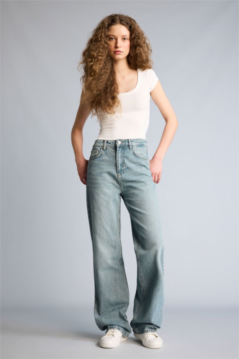 Женщины Светло-индиговый Брюки 90'S Wide Leg c высокой талией для женщин