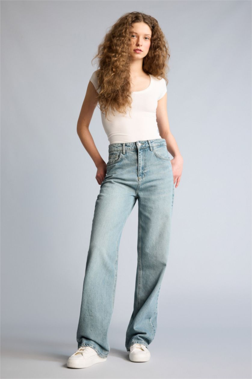 Женщины Светло-индиговый Брюки 90'S Wide Leg c высокой талией для женщин