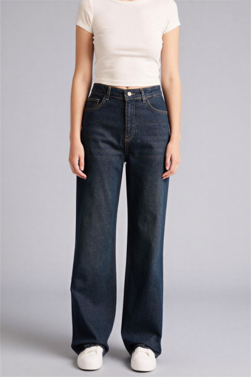 FEMME Bleu Jean pantalon large taille haute Style 90’s