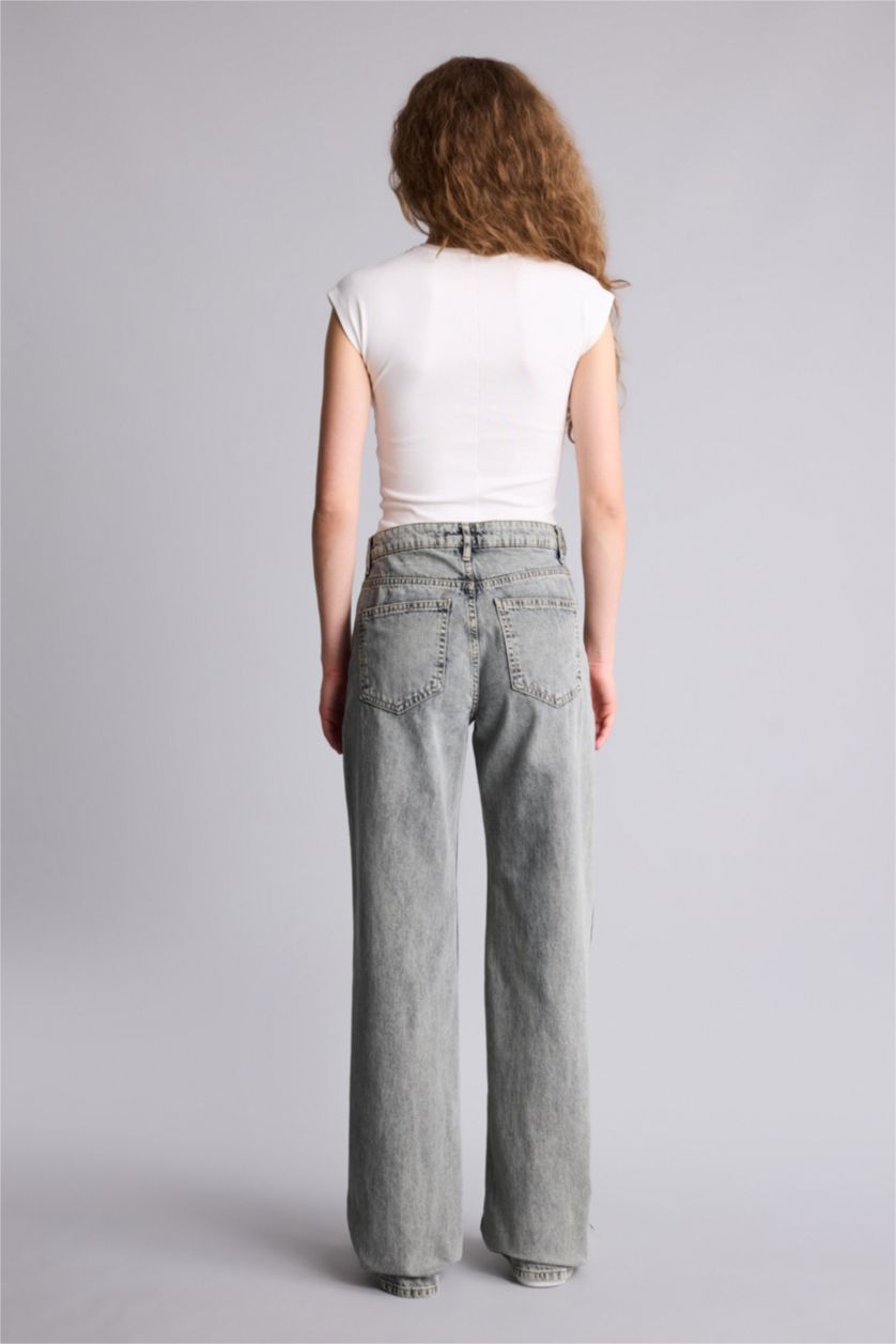 Kadın Gri Straıght Wıde Yüksek Bel Uzun Jean Yıkamalı Pantolon