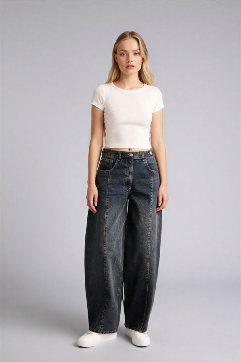 WOMAN Dark Blue Barrel Fit High Waist Ankle Length Washed Jeans