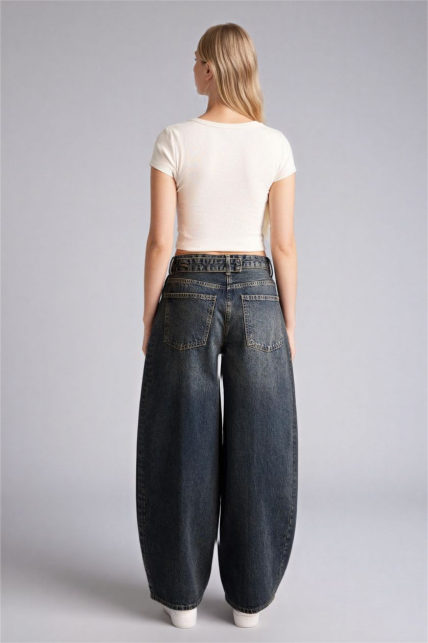 WOMAN Dark Blue Barrel Fit High Waist Ankle Length Washed Jeans