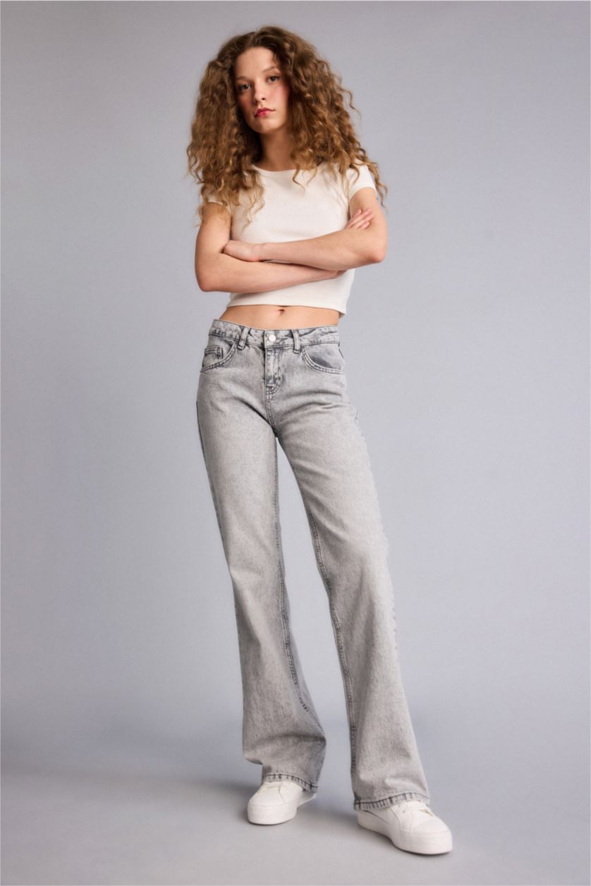Kadın Gri Bootcut Düşük Bel Uzun Jean Yıkamalı Pantolon