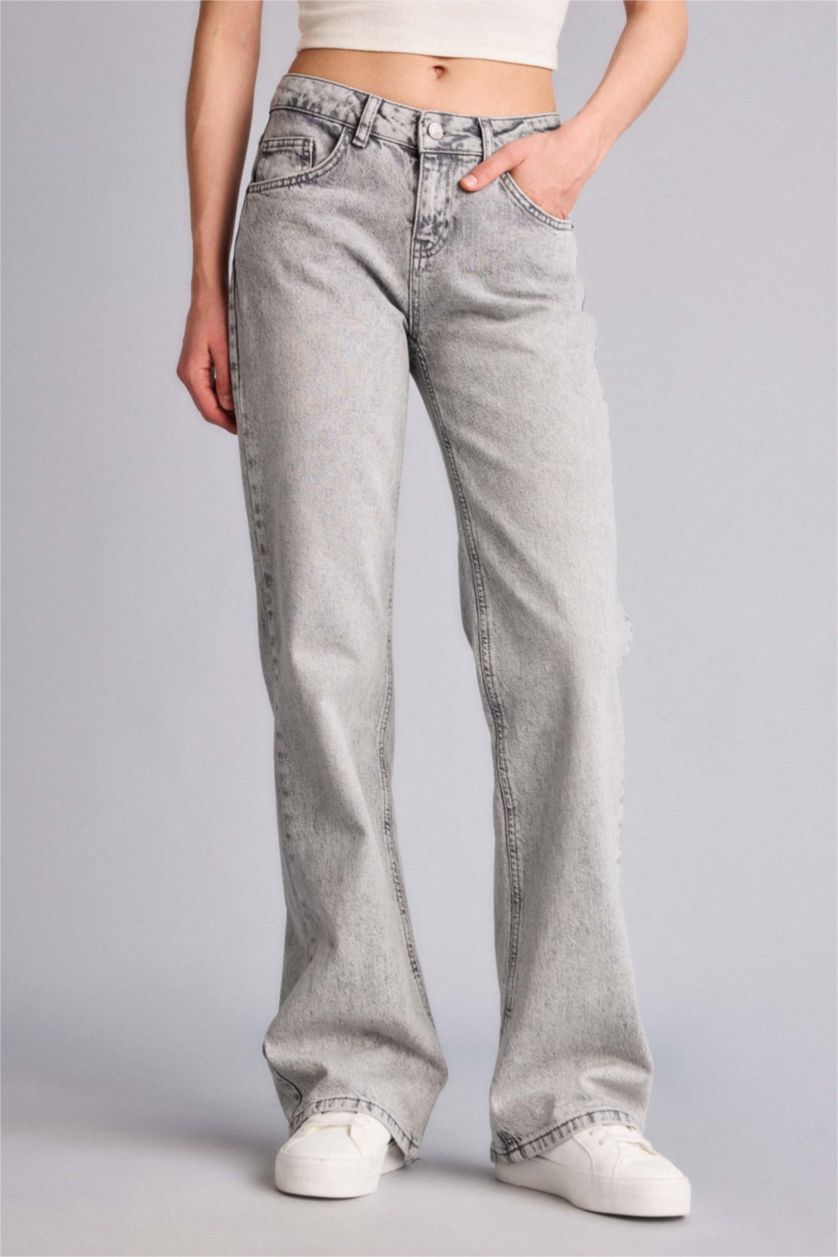 Kadın Gri Bootcut Düşük Bel Uzun Jean Yıkamalı Pantolon