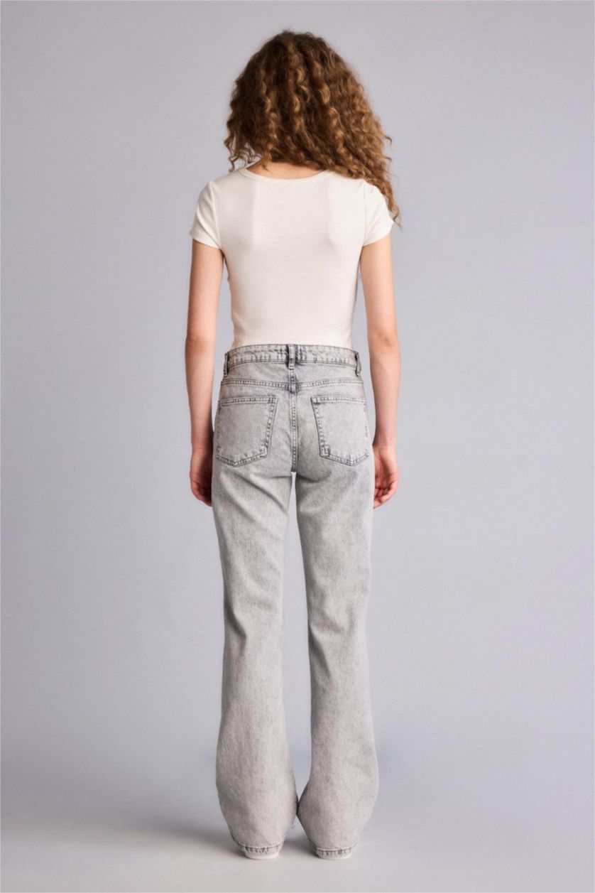 Kadın Gri Bootcut Düşük Bel Uzun Jean Yıkamalı Pantolon