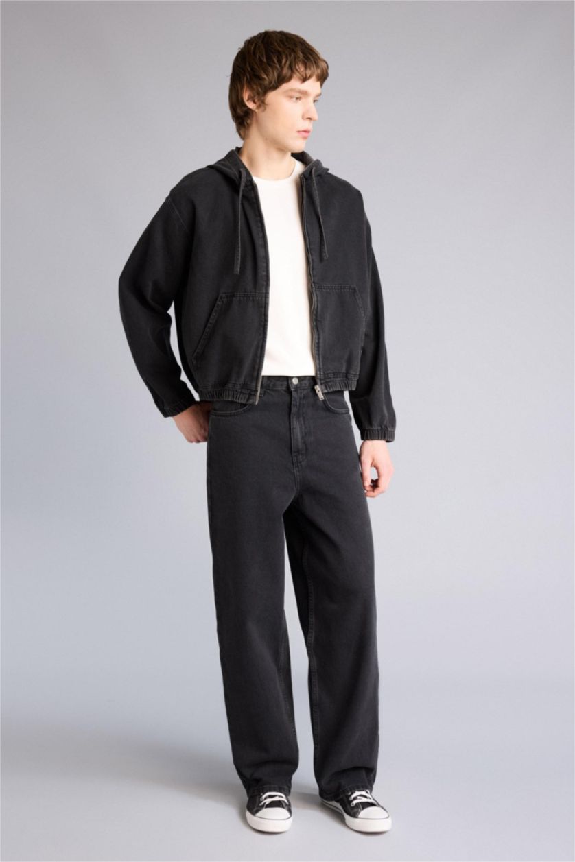 Erkek Siyah Oversıze Kapüşonlu Pamuklu Ceket