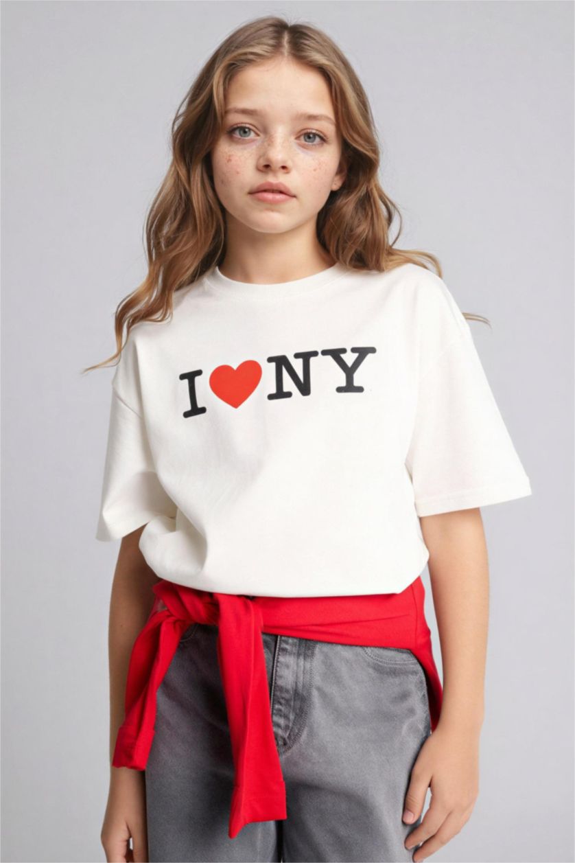 Kız Çocuk - Genç Kız Ekru I Love NY Oversıze Tişört Kız Çocuk