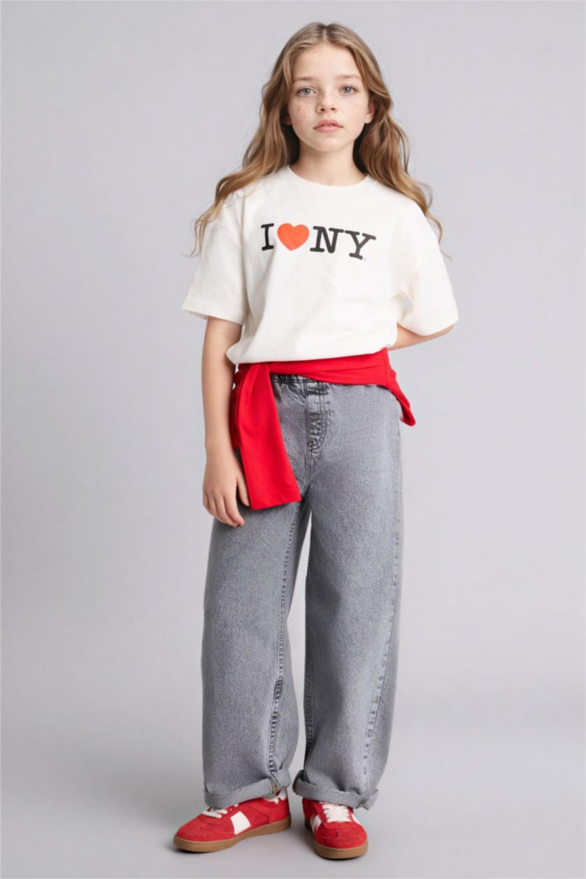 Kız Çocuk - Genç Kız Ekru I Love NY Oversıze Tişört Kız Çocuk