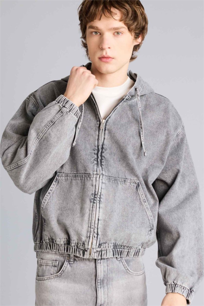 Erkek Açık Gri Overshırt Fıt Kapüşonlu Pamuklu Ceket
