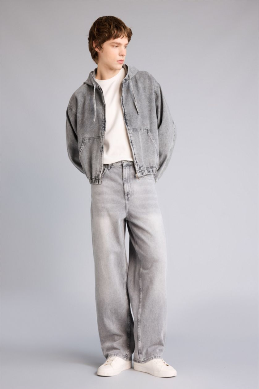 Erkek Açık Gri Overshırt Fıt Kapüşonlu Pamuklu Ceket