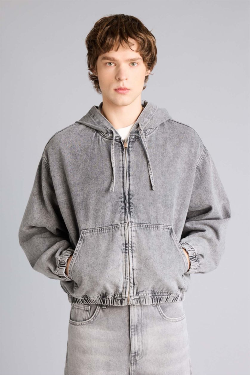 Erkek Açık Gri Overshırt Fıt Kapüşonlu Pamuklu Ceket