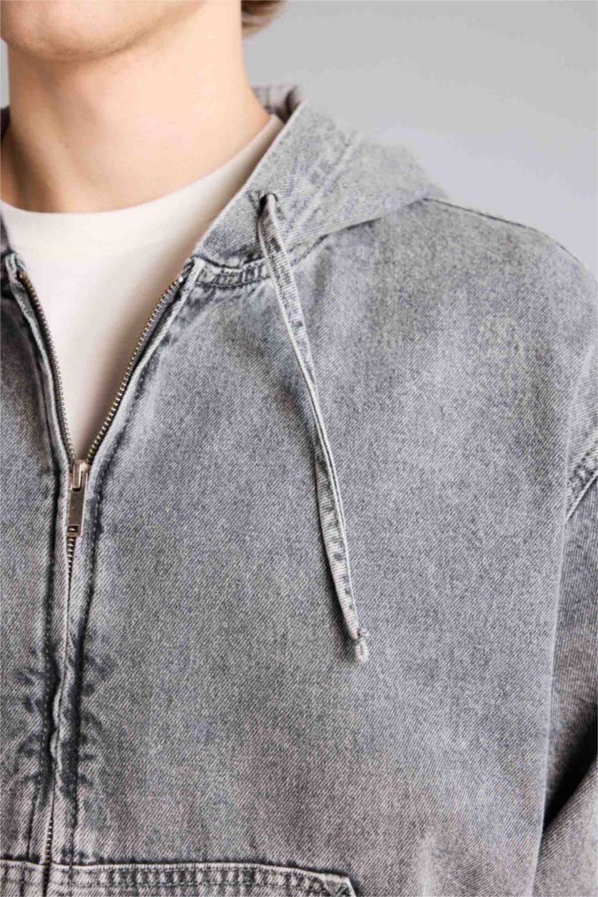 Erkek Açık Gri Overshırt Fıt Kapüşonlu Pamuklu Ceket