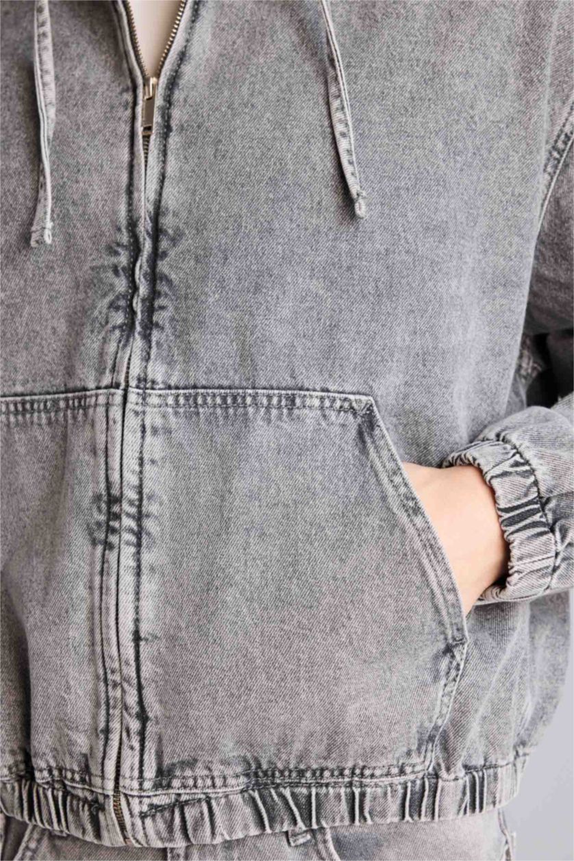 Erkek Açık Gri Overshırt Fıt Kapüşonlu Pamuklu Ceket