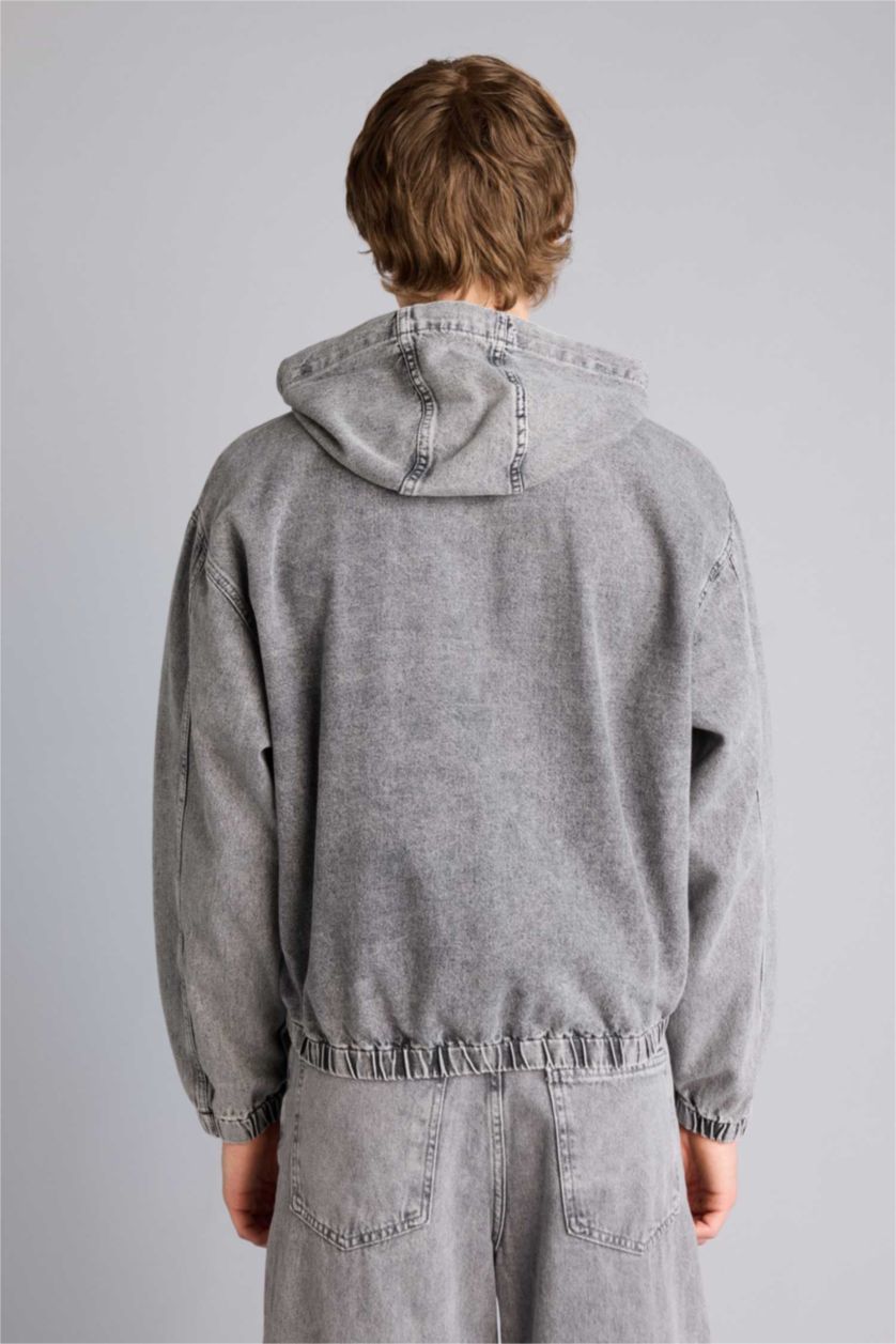 Erkek Açık Gri Overshırt Fıt Kapüşonlu Pamuklu Ceket