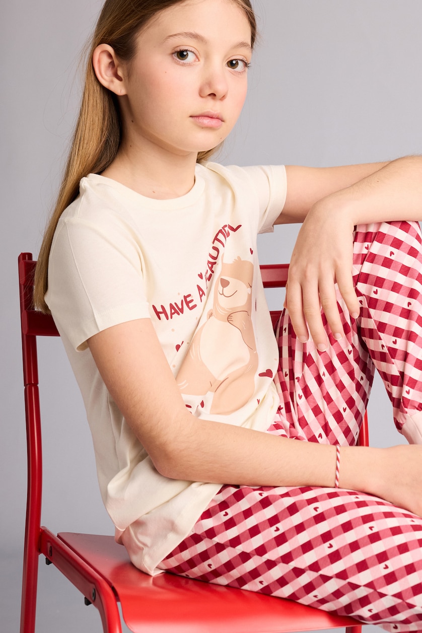 Kız Çocuk - Genç Kız Ekru %100 Pamuk Regular Fıt 2'li Ayıcıklı Pijama Takımı Kız Çocuk