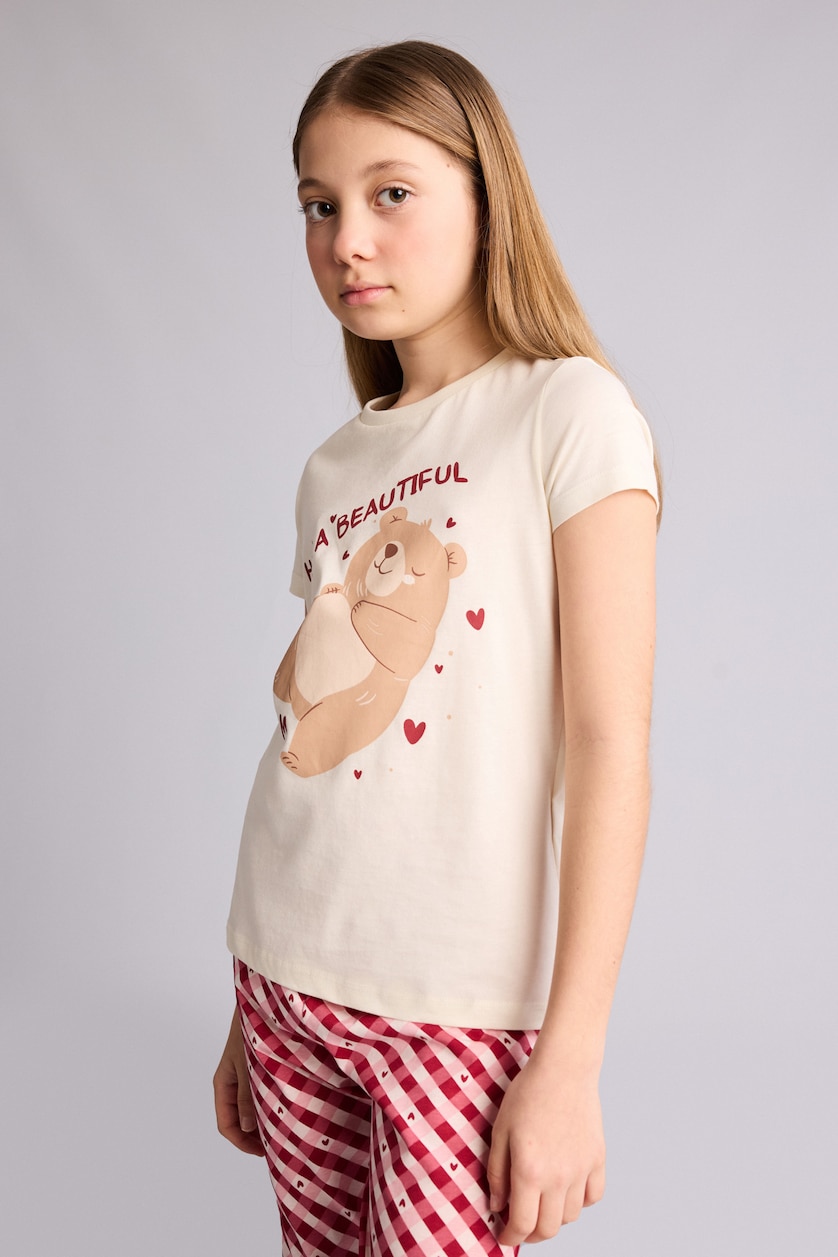 Kız Çocuk - Genç Kız Ekru %100 Pamuk Regular Fıt 2'li Ayıcıklı Pijama Takımı Kız Çocuk
