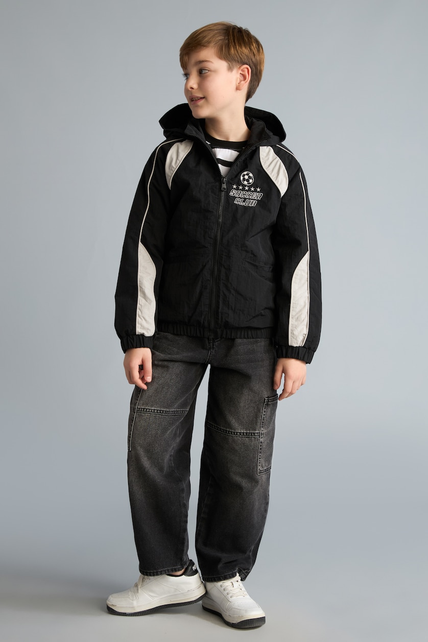 GARÇONS Noir Imperméable imprimé à capuche coupe-vent à fermeture zippée pour garçon