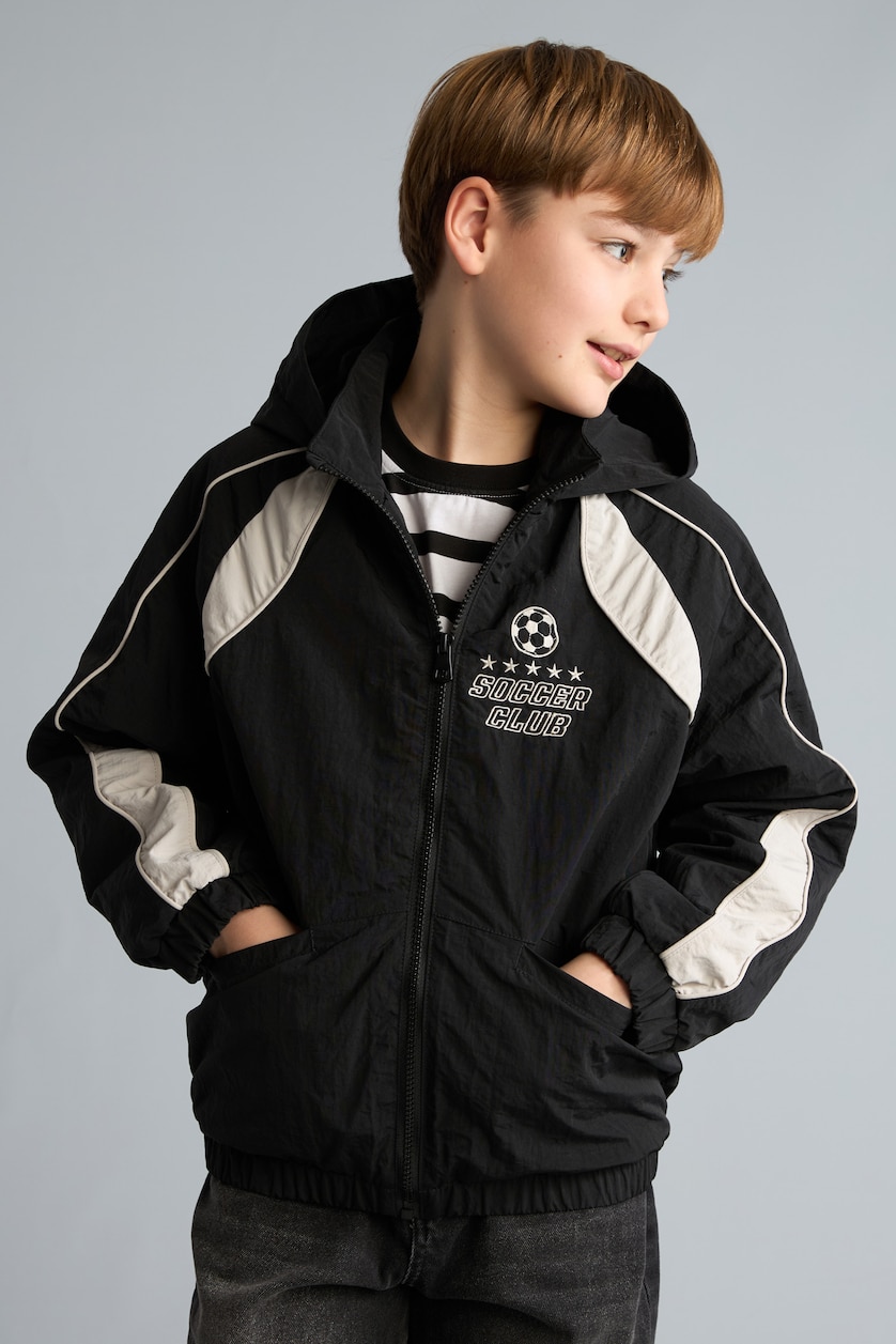 GARÇONS Noir Imperméable imprimé à capuche coupe-vent à fermeture zippée pour garçon