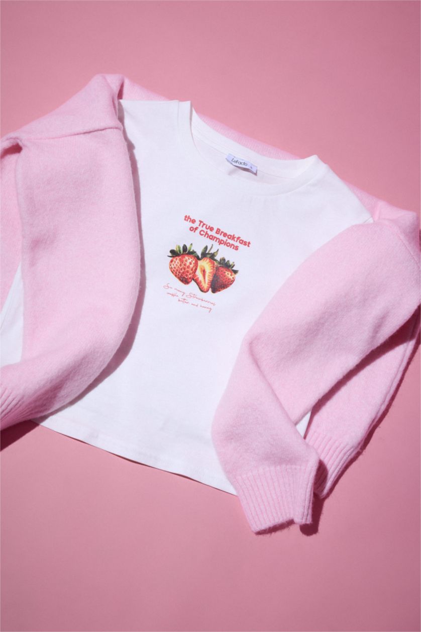 Woman White Fitted Crew Neck Print Short Sleeve T-Shirt